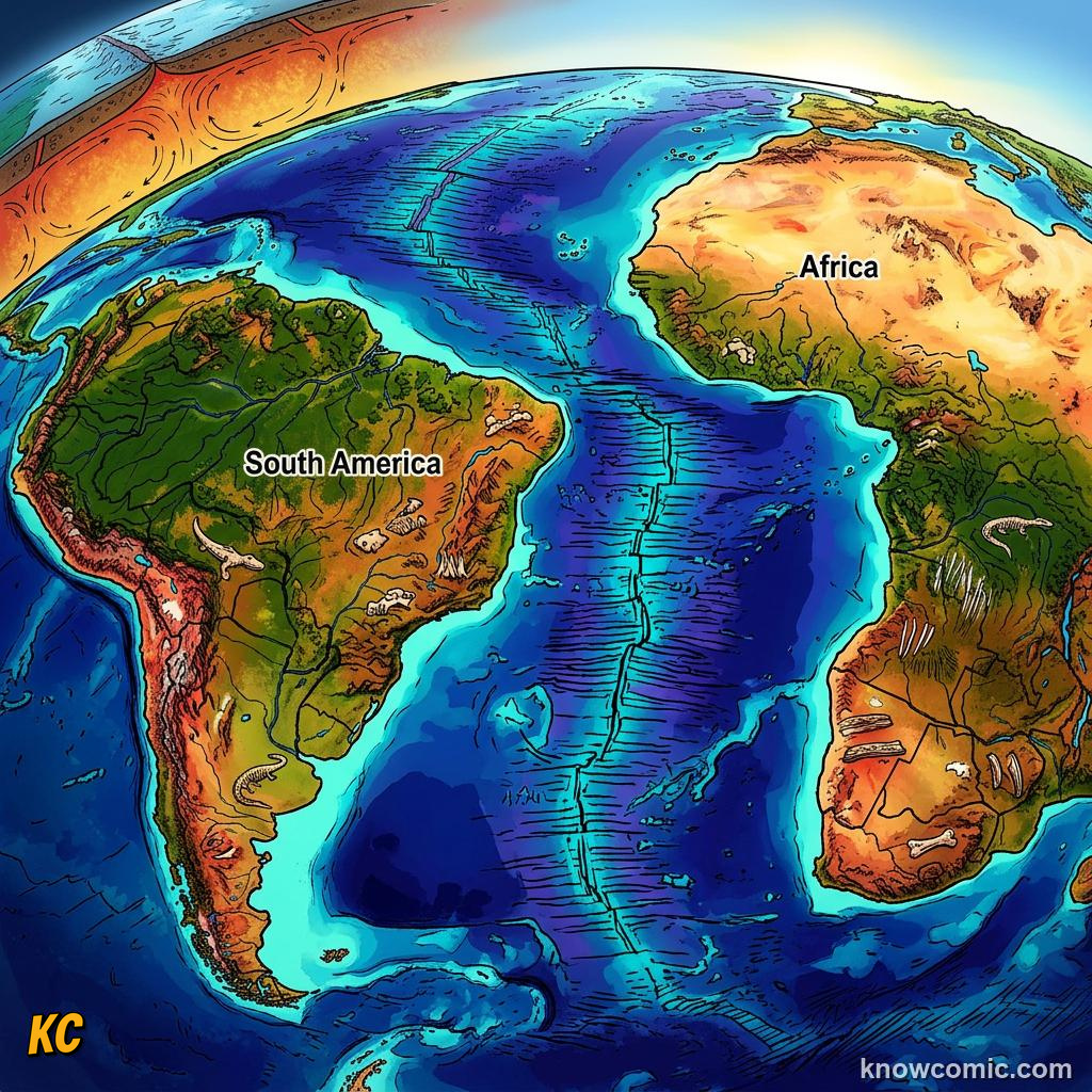 Brazil and Africa coastlines matching like puzzle pieces supporting continental drift