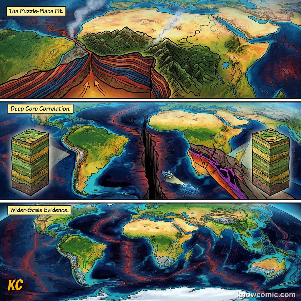 Matching geological layers and mountain ranges across continents separated by ocean