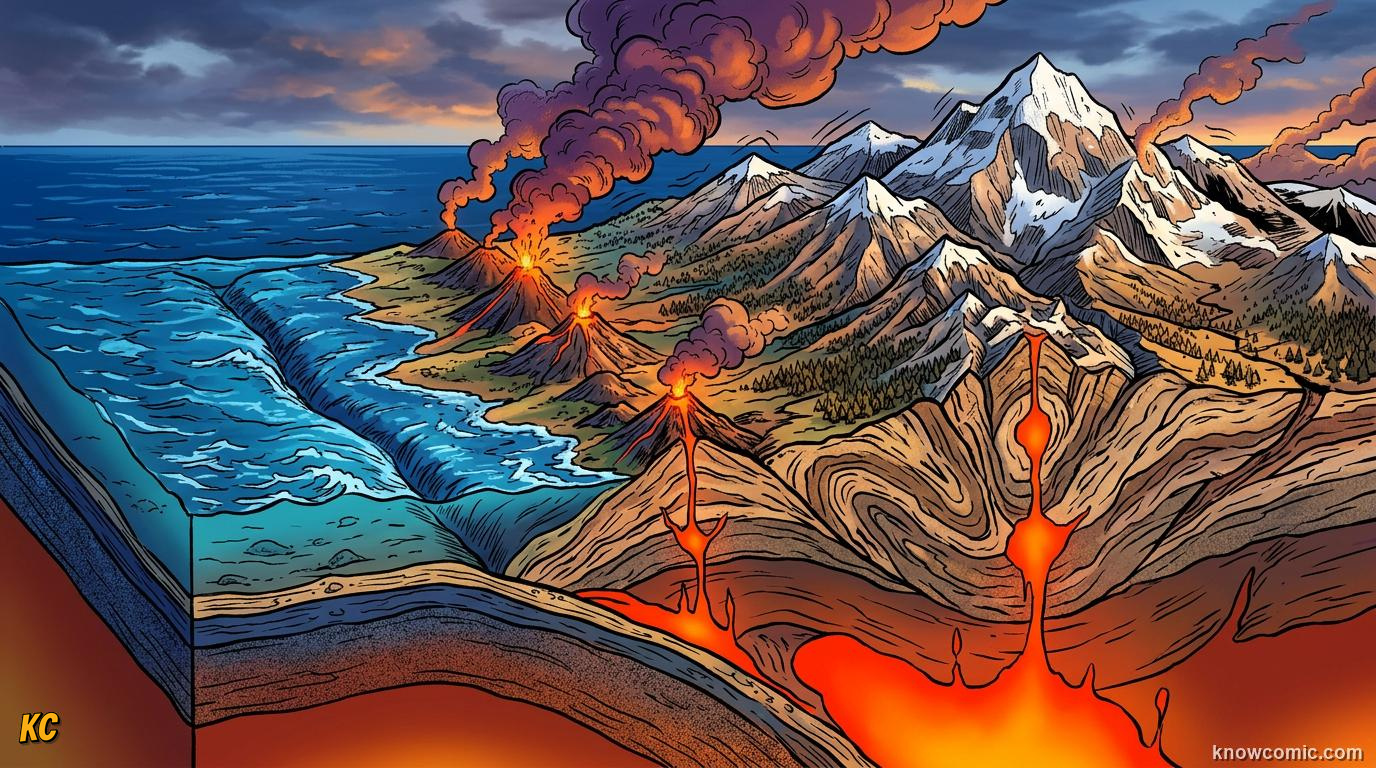 Convergent plate boundary where two tectonic plates collide and compress the crust