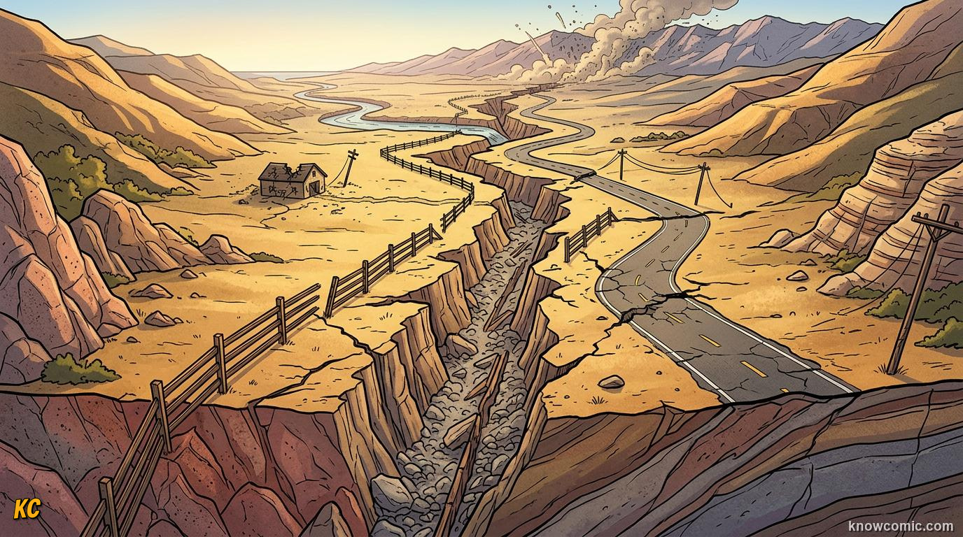 Transform plate boundary with two tectonic plates sliding horizontally past each other along strike-slip fault