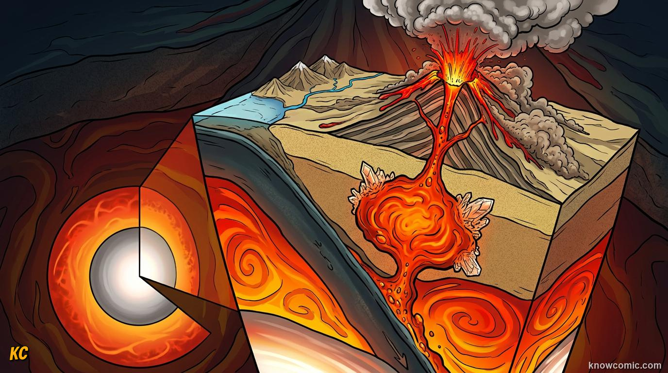 Cross-section of volcano showing magma chamber rising through conduit to erupt at surface vent