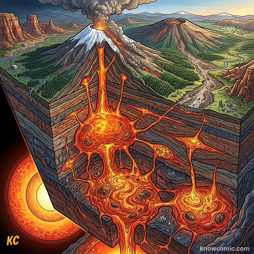 Magma chamber beneath volcano storing molten rock before eruption