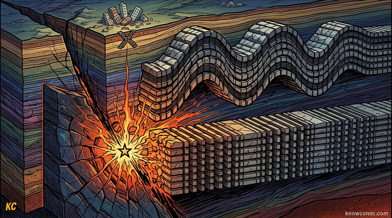 Cross-section of earthquake fault rupture releasing seismic energy as waves through Earth's crust