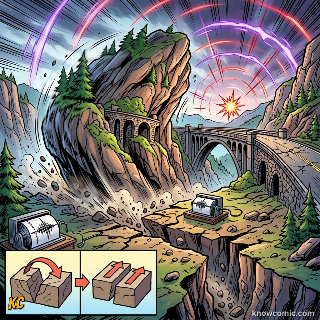 Elastic rebound theory showing bent rock snapping back along fault after stress release
