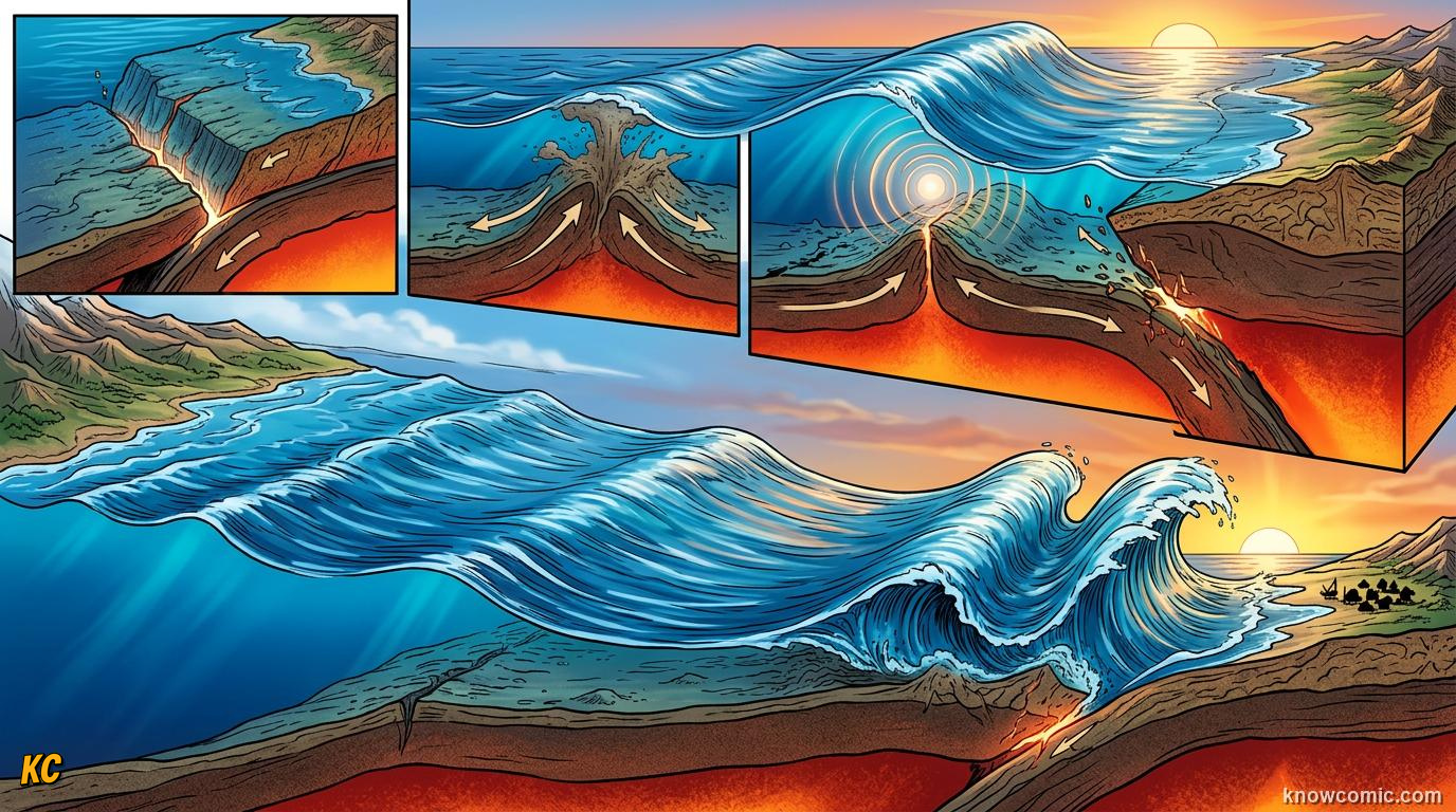 Subduction earthquake vertically displacing seafloor and launching tsunami wave train across deep ocean