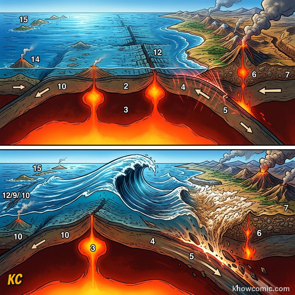 Megathrust fault at subduction zone lifting seafloor vertically during earthquake rupture