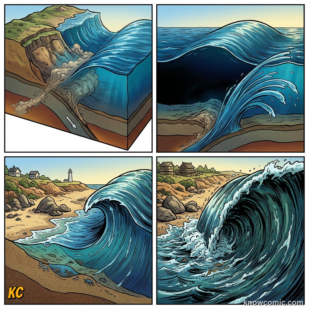 Underwater landslide and volcanic flank collapse displacing water to generate secondary tsunami waves