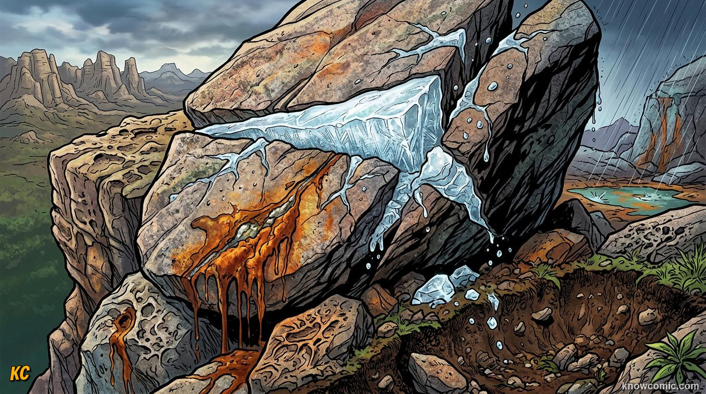 Rock outcrop at Earth's surface breaking down through mechanical and chemical weathering processes in place