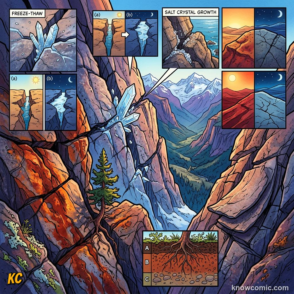 Frost wedging freeze-thaw cycle with water freezing and expanding in rock crack to split stone apart