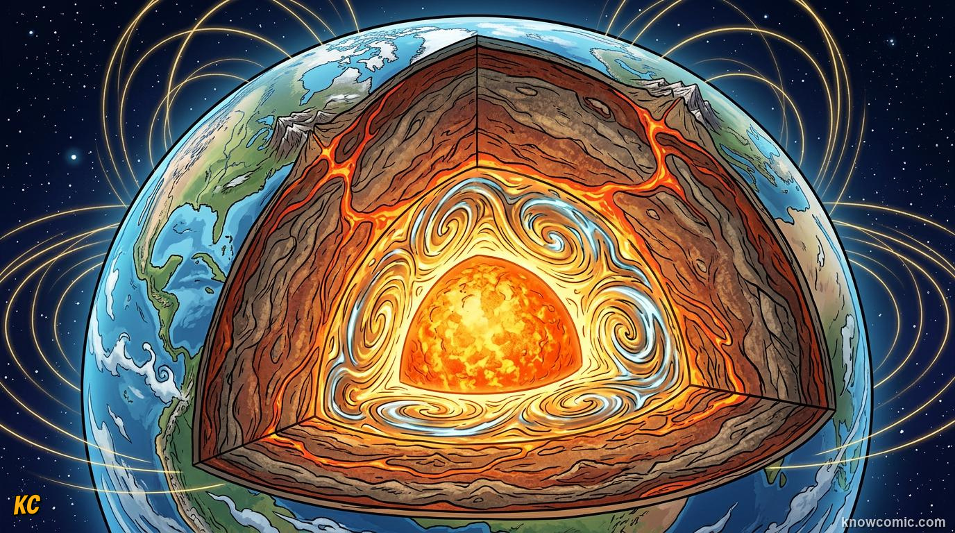 Cutaway of Earth showing glowing liquid outer core metal spinning deep inside