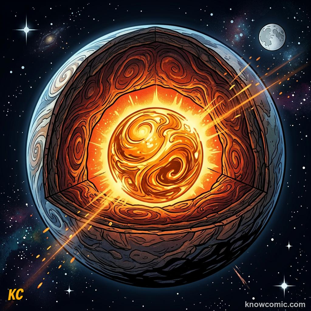 Glowing hot metal core deep inside Earth layers