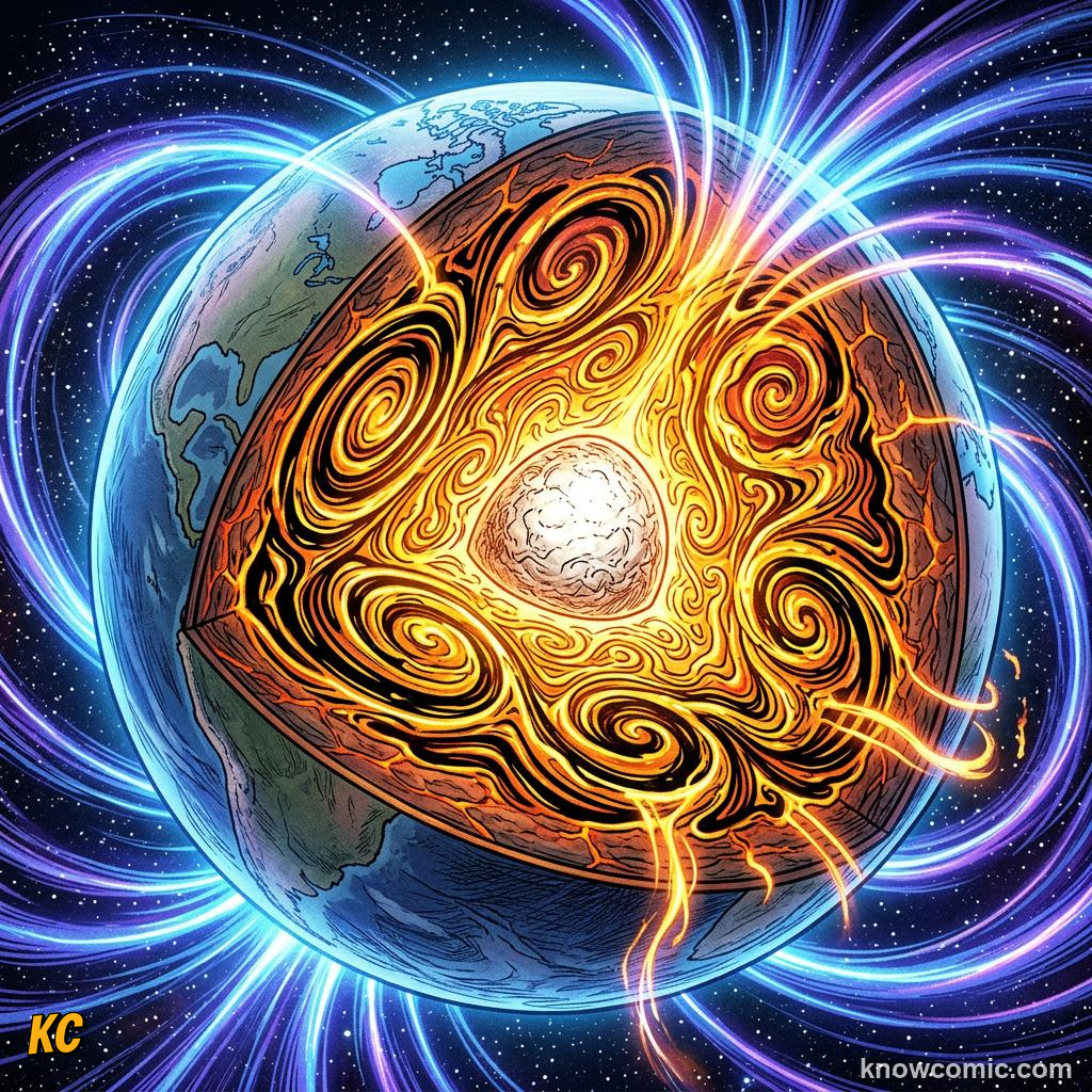 Swirling liquid metal currents in Earth outer core creating magnetism