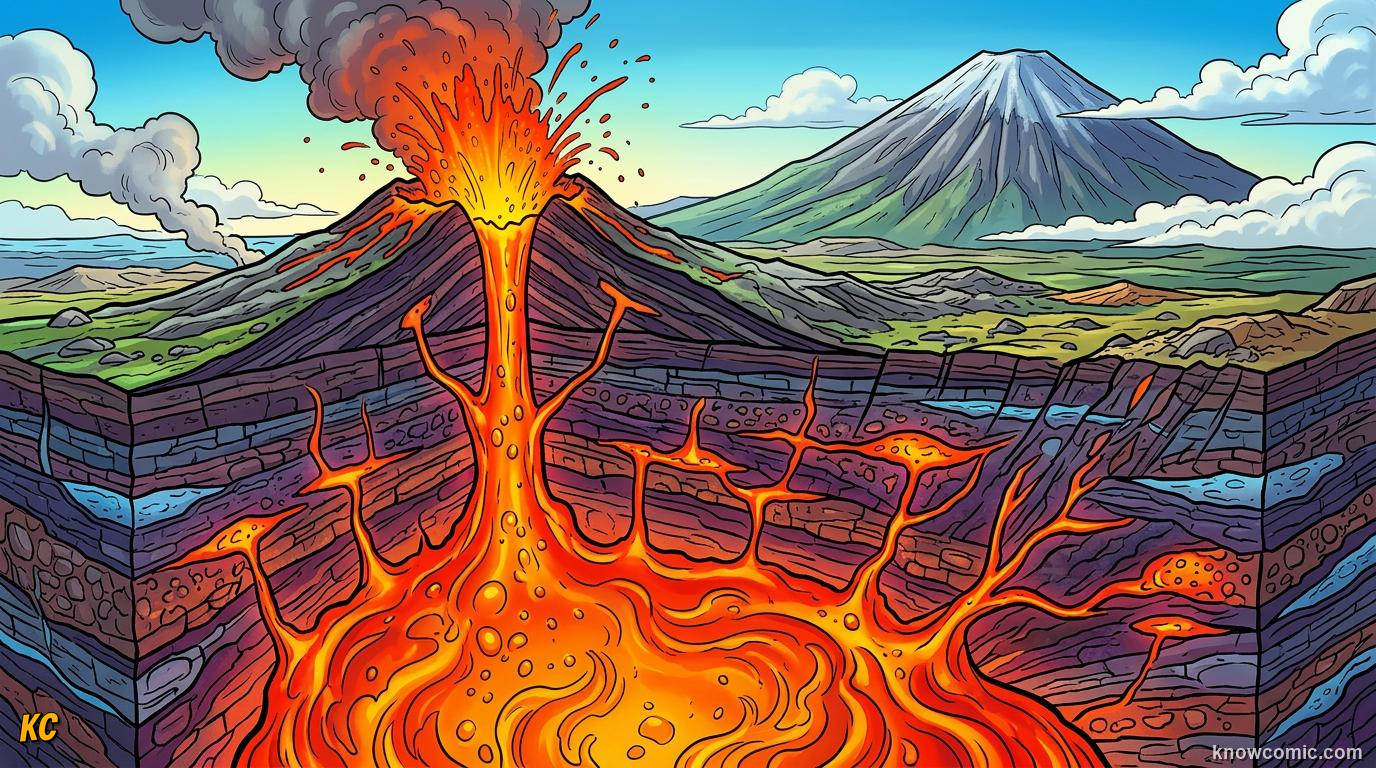 Comic cutaway of melted magma underground rising toward a volcano opening