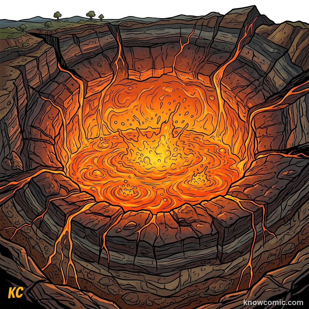 Glowing orange magma chamber deep under rocky ground