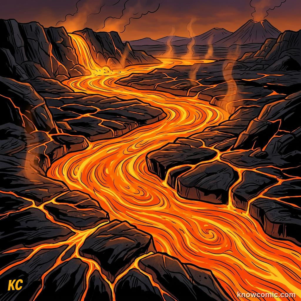 Bright orange lava flowing across dark rocky ground