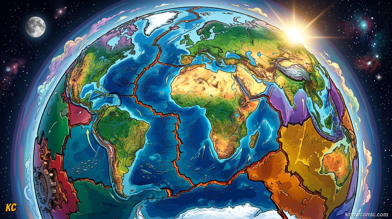 Comic Earth globe cracked into giant tectonic plate puzzle pieces