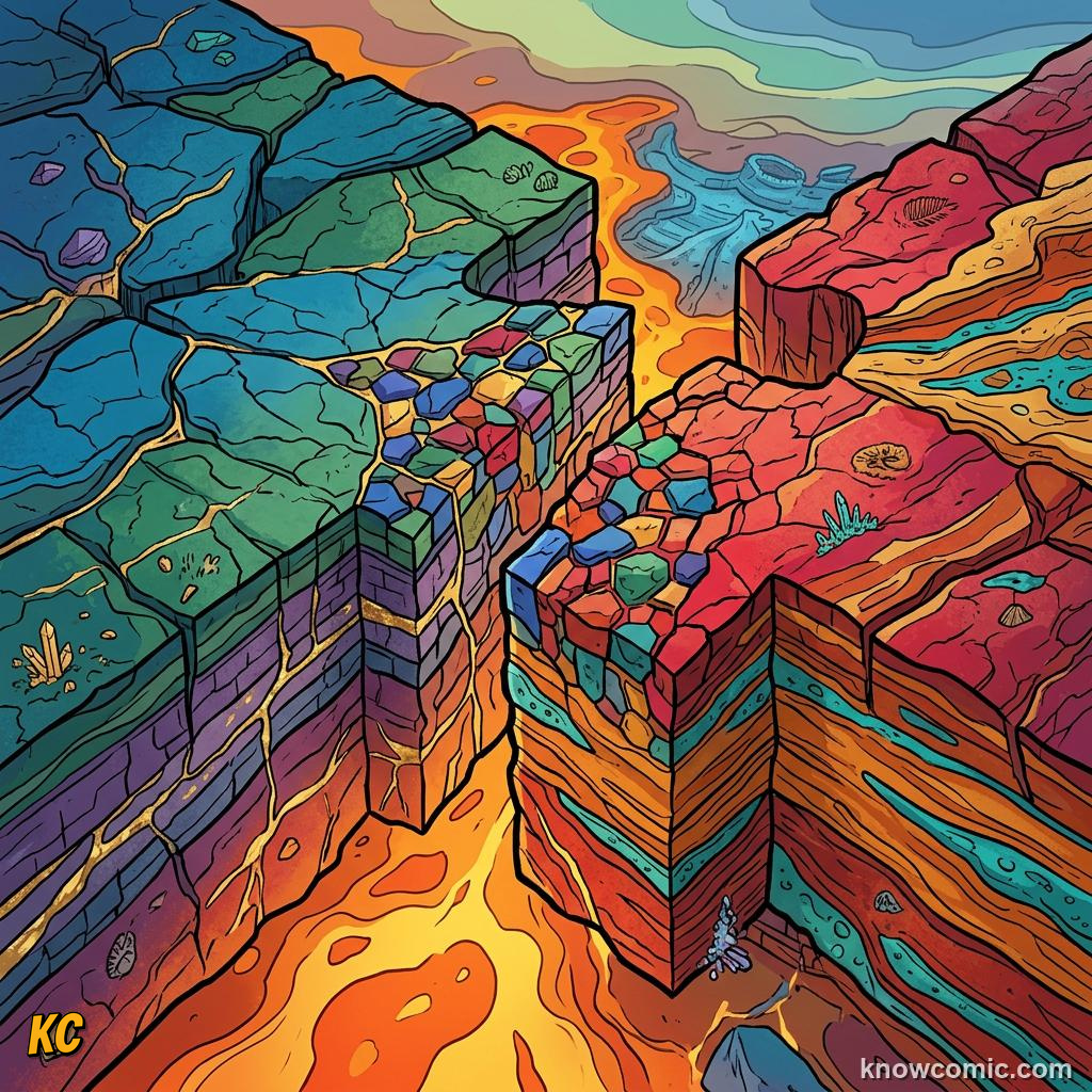 Close-up comic of tectonic plate edges fitting like puzzle pieces
