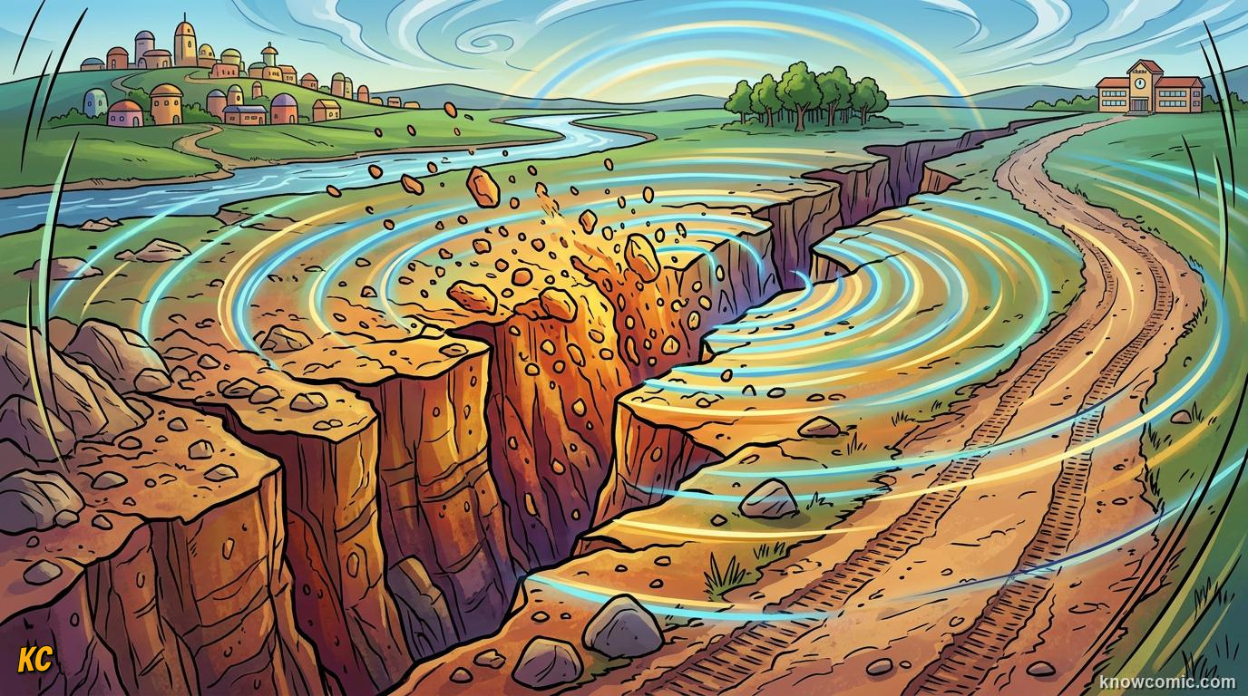 Comic cracked ground shaking during an earthquake with rippling shock waves