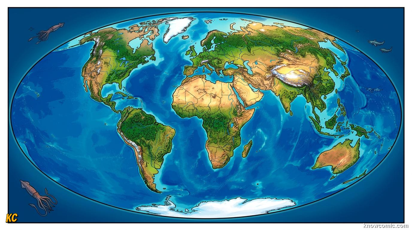 Comic map of the Pangea supercontinent with continents joined as one giant landmass