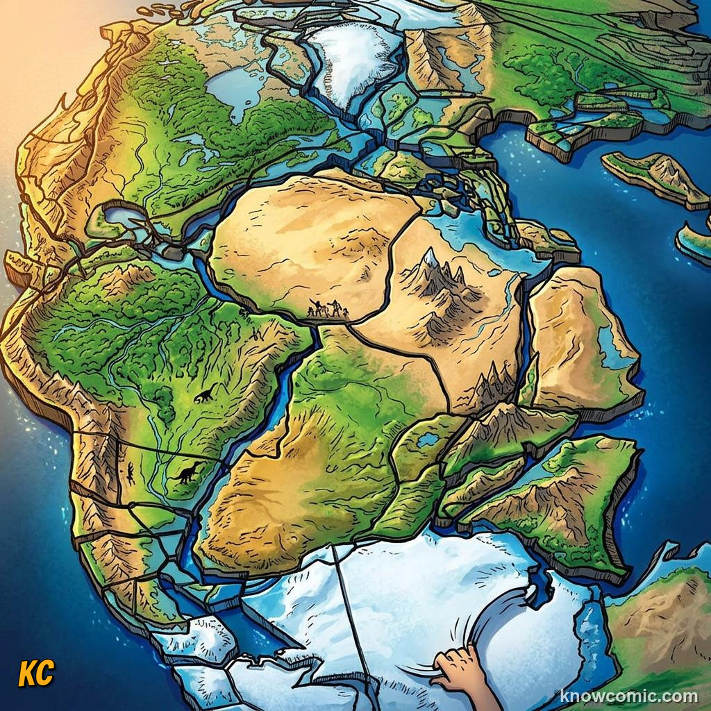 Comic close-up of joined continental puzzle pieces forming Pangea