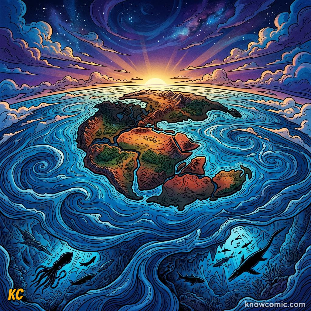 Comic vast ancient ocean surrounding the Pangea supercontinent