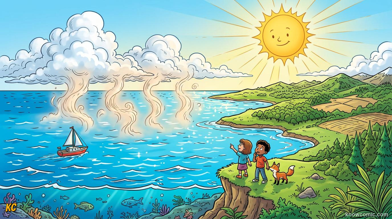 Comic panorama of the sun warming the ocean with rising mist and distant clouds