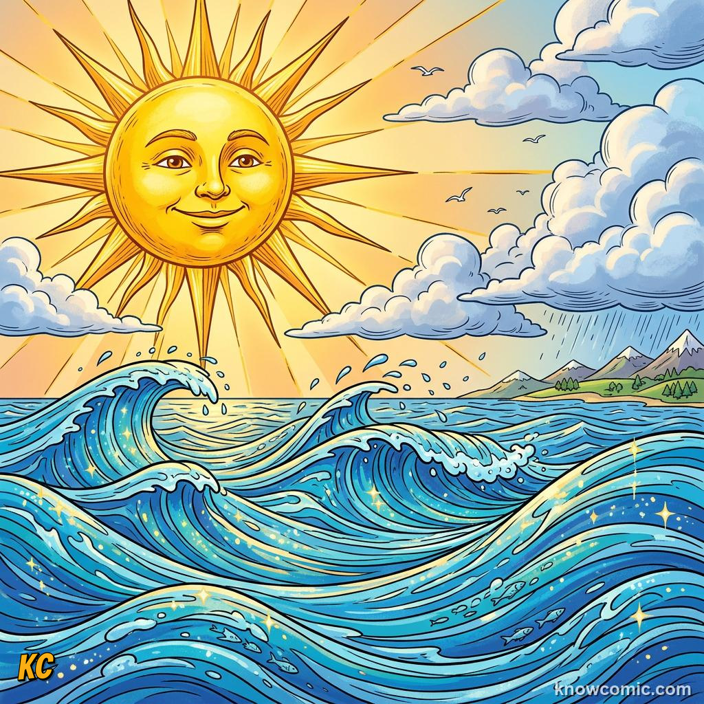Comic bright sun shining over sparkling ocean waves