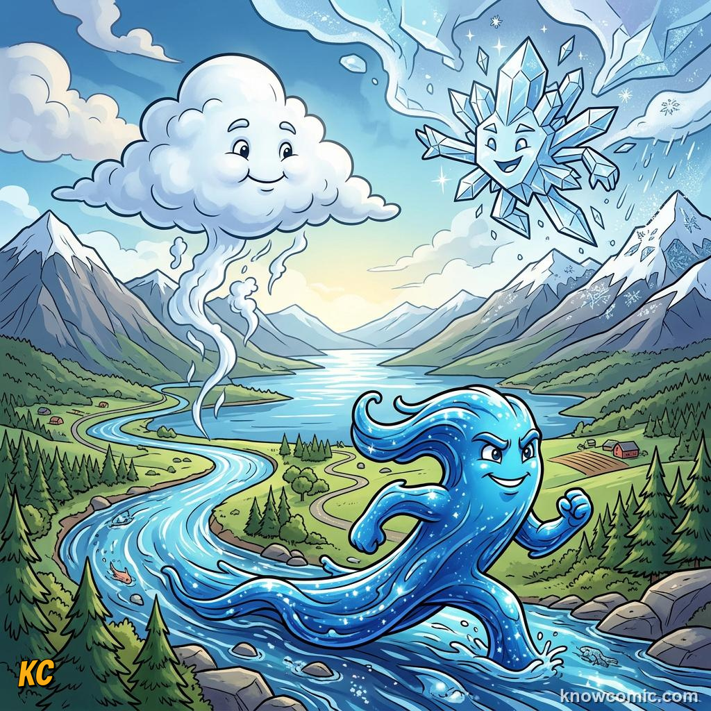 Comic water shown as liquid river, fluffy cloud vapour, and icy snow