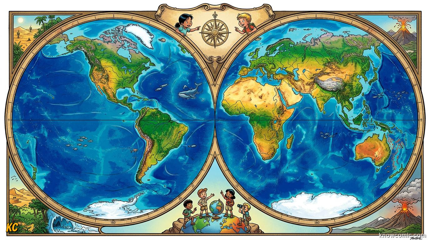 Comic Earth globe showing big coloured continents surrounded by blue oceans