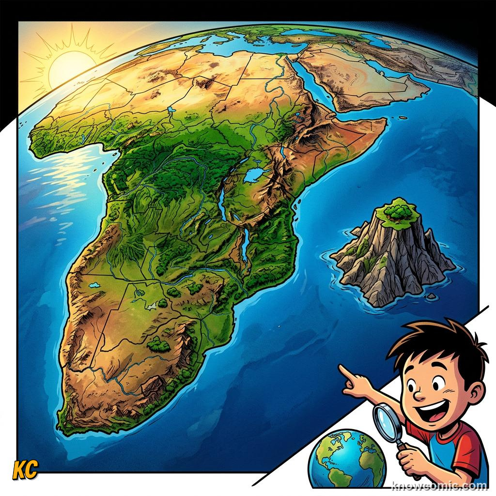 Comic comparison of a huge continent coastline beside a small island in blue ocean