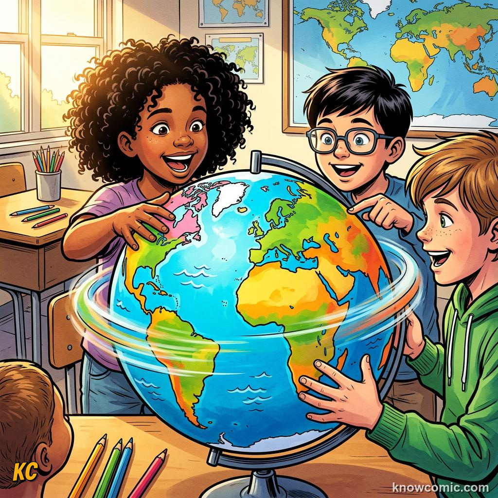 Comic kids spinning a colourful classroom globe showing continents and oceans