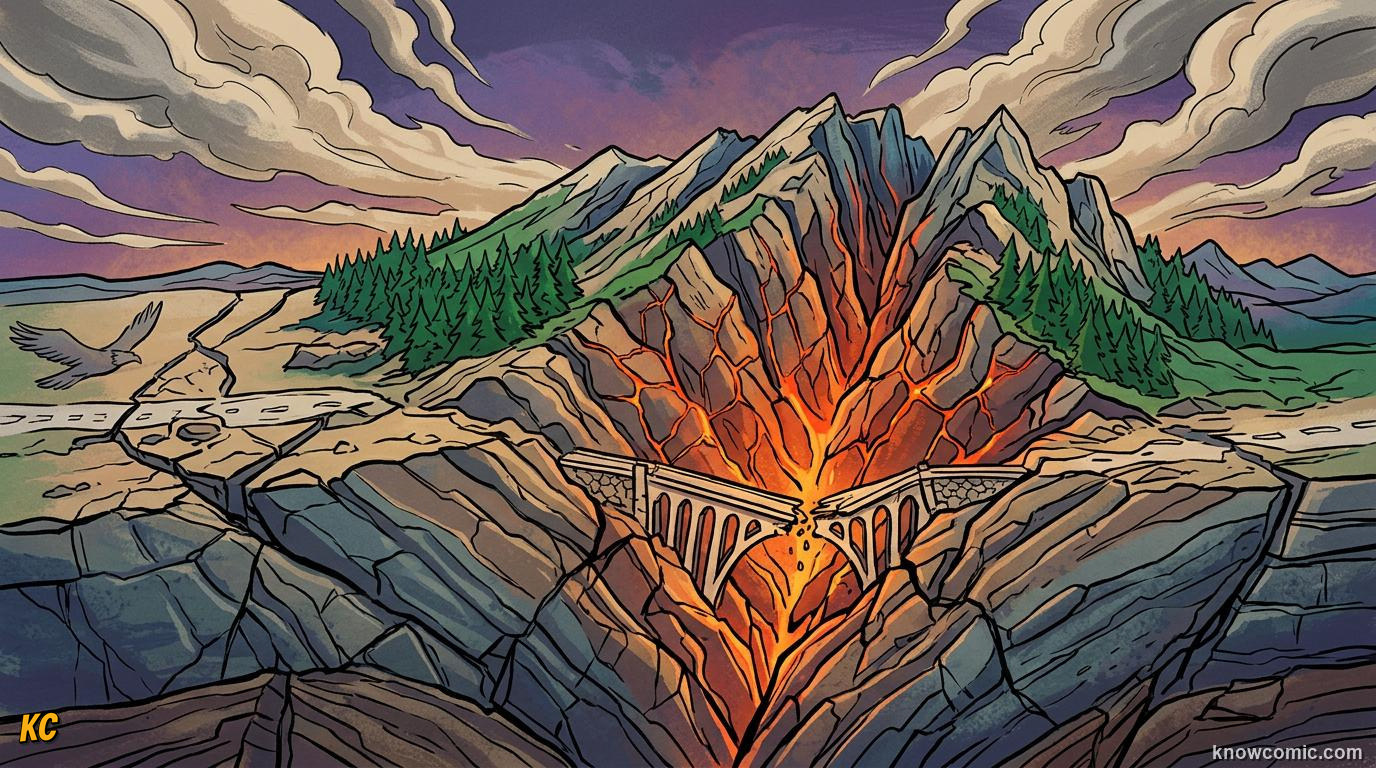 Comic tectonic plates crashing together as land buckles upward into rising mountains