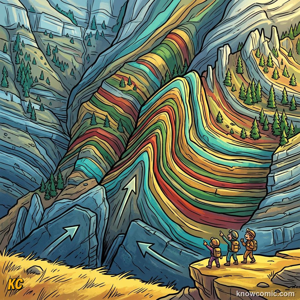 Comic rock layers bending upward like a wrinkled rug as plates squeeze