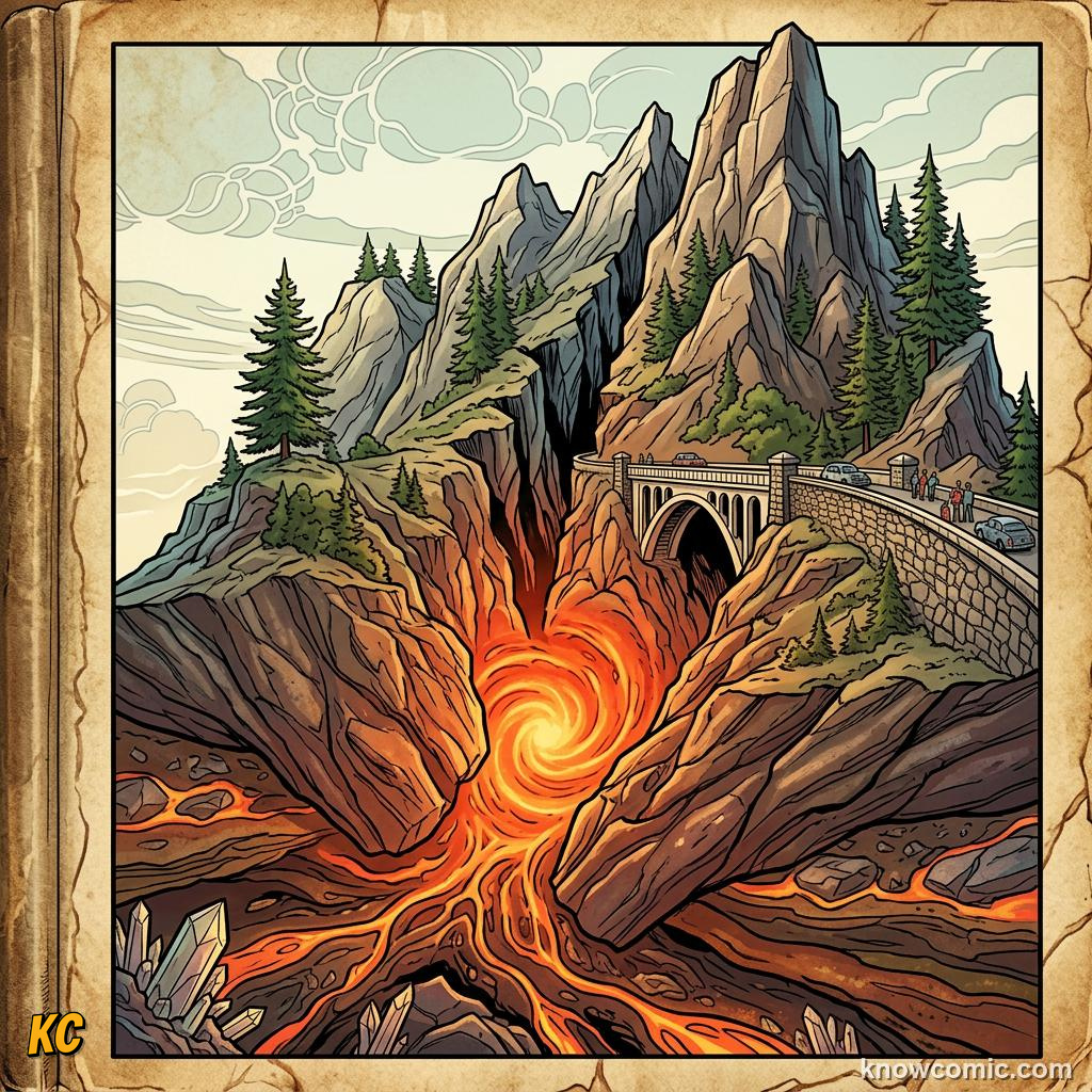 Comic two tectonic plates pushing together with pressure arrows and rising land
