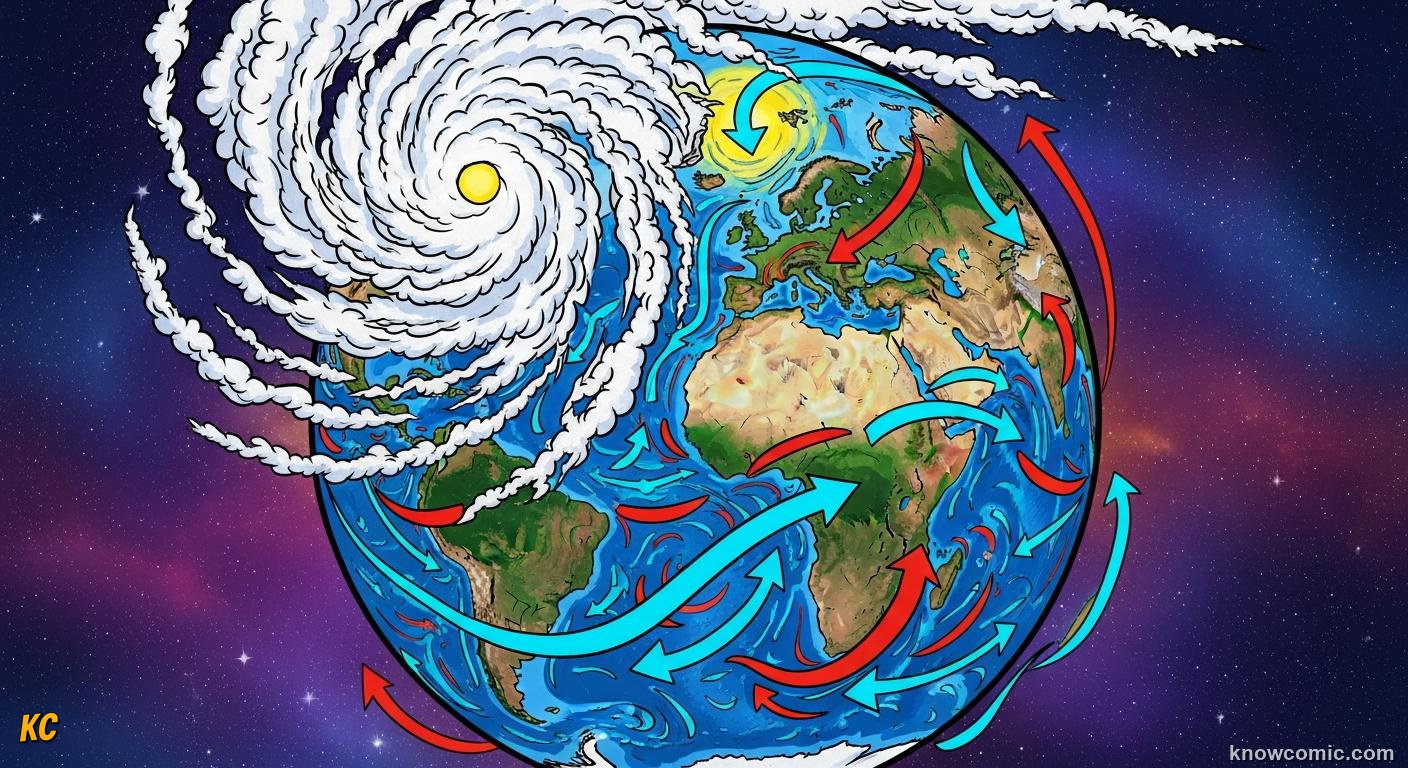 Coriolis effect curving winds and deflecting hurricanes due to Earths spin