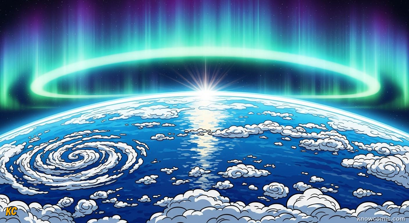 Thin film of atmosphere gas surrounding Earth with clouds and weather below