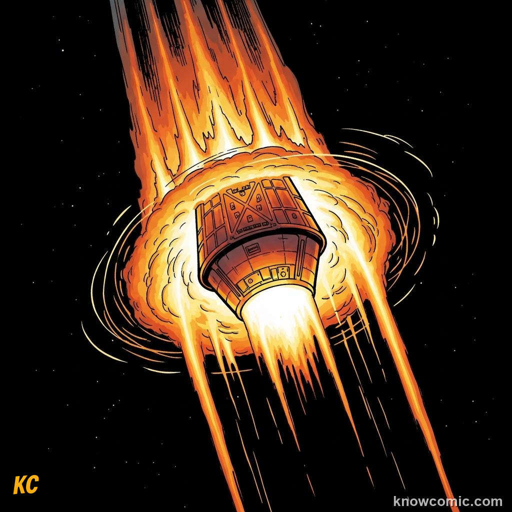 Heat shield glowing with plasma during fiery re-entry through atmosphere