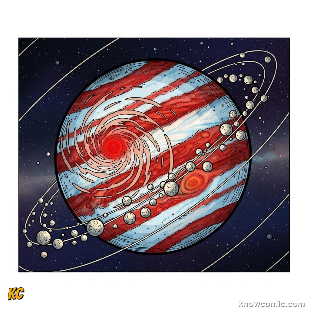 Jupiter huge mass holding many moons in orbit with tidal locking shown