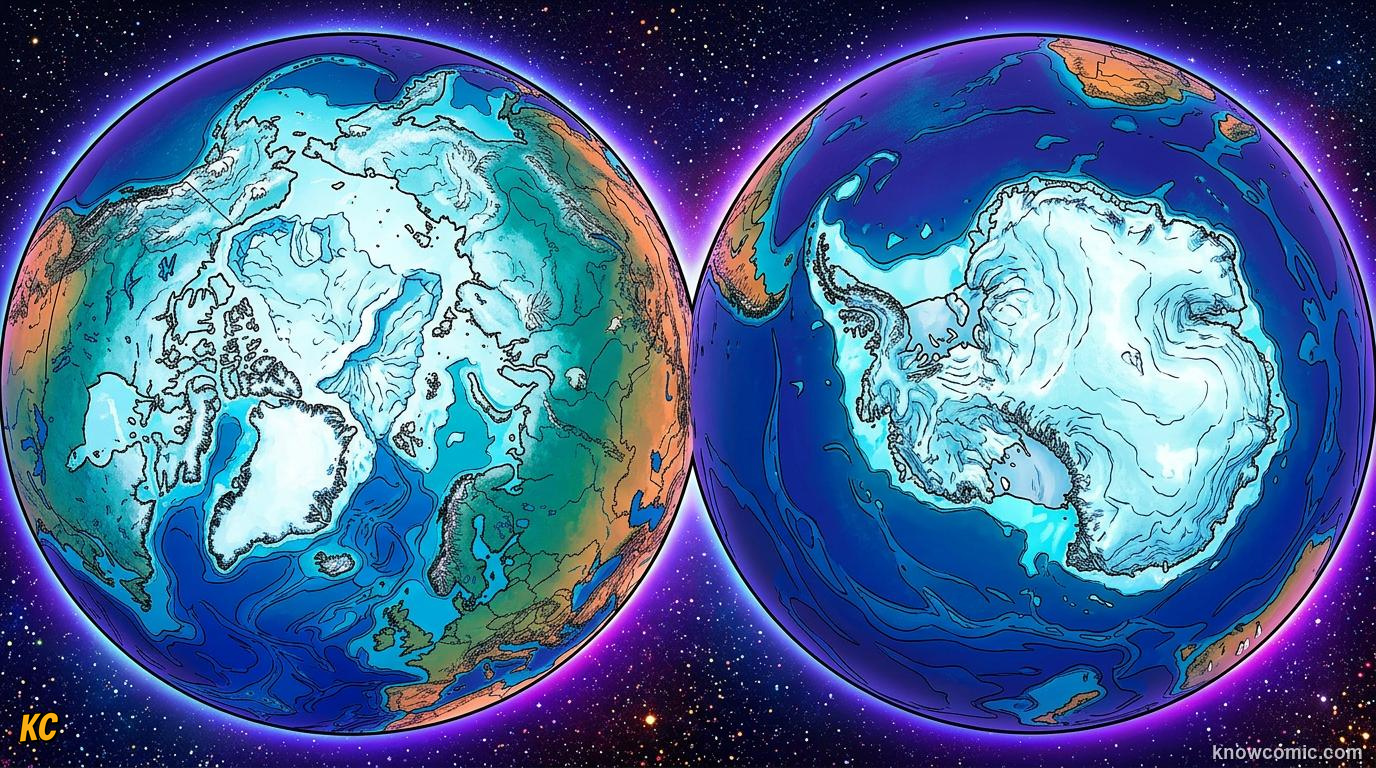 Earth globe showing icy North Pole Arctic and South Pole Antarctica
