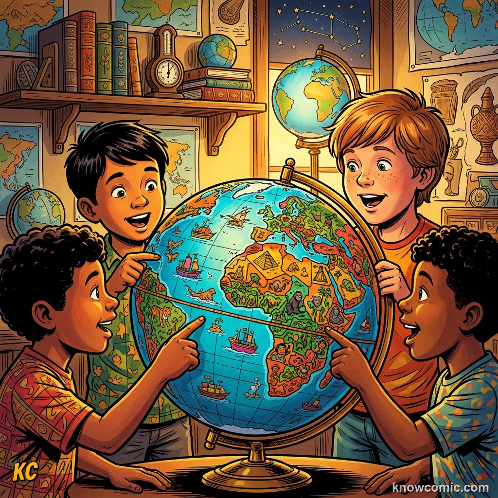 Kids looking at a globe pointing to the equator line drawn on the map