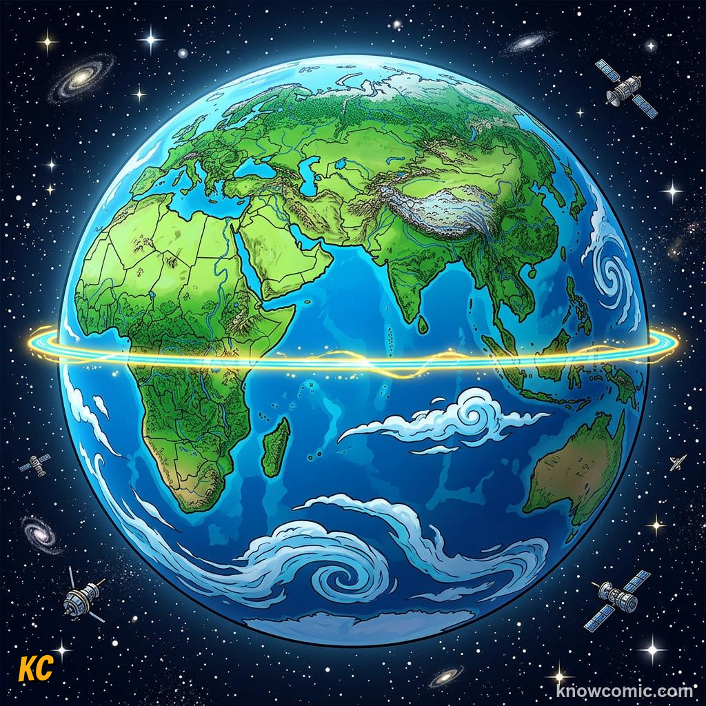 Earth from space showing a bright equatorial band across oceans and continents