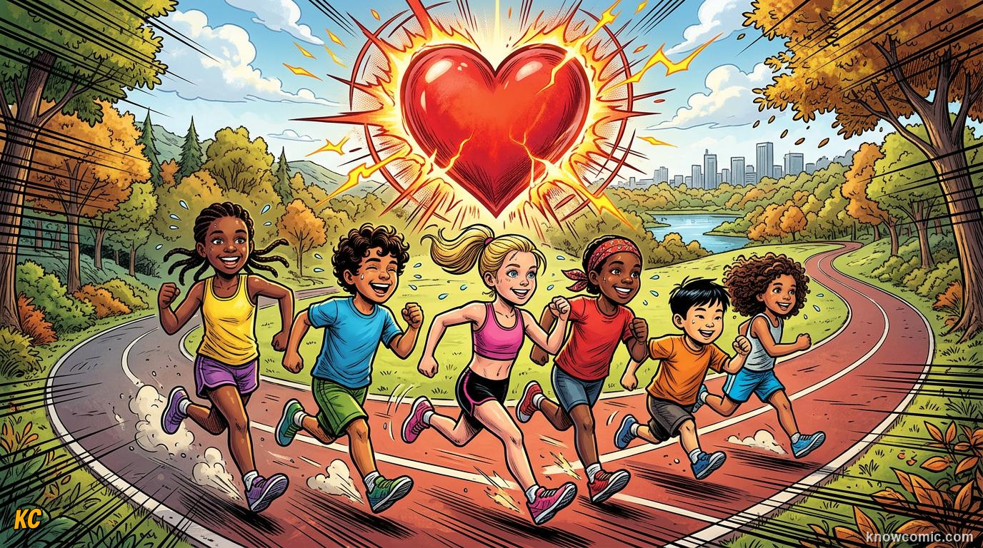 The Power of the Heart comic panel: cardio power, exercise makes it stronger