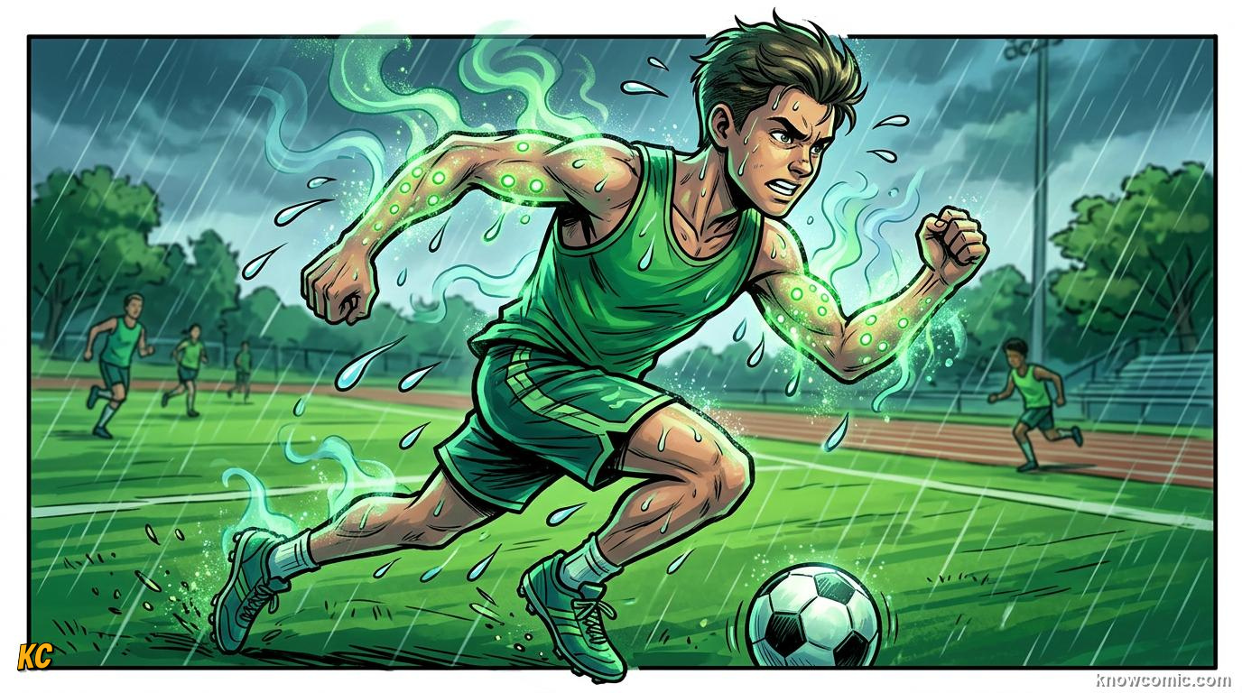 Comic panel about hydration and sweat: Body Ac, educational kids illustration