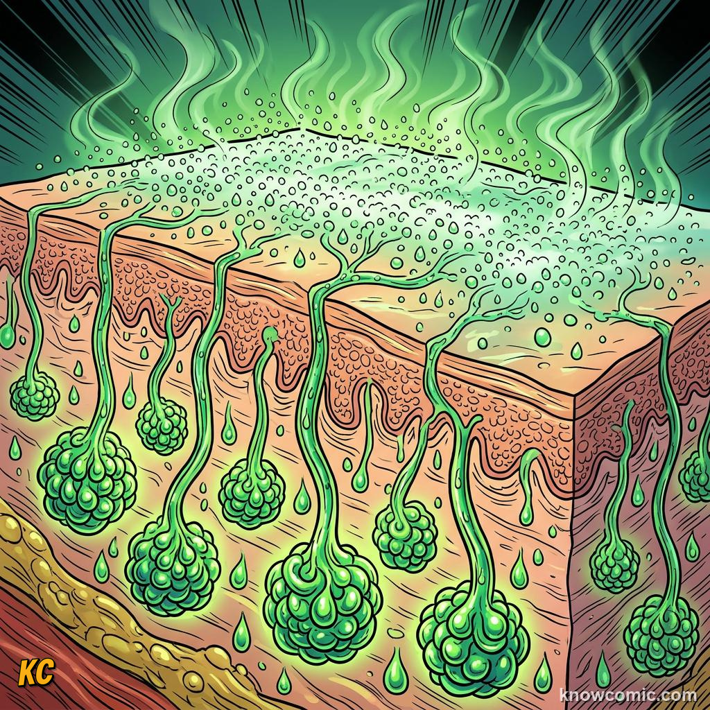 Comic panel about hydration and sweat: Sweat Is Your Cooling System, Sweat Glands, educational kids illustration