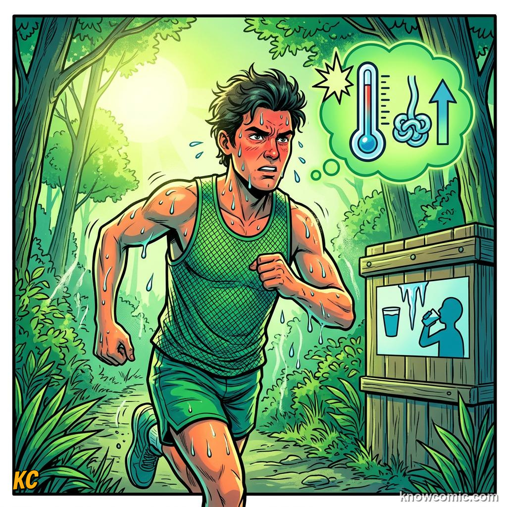 Comic panel about hydration and sweat: Hard Play, educational kids illustration
