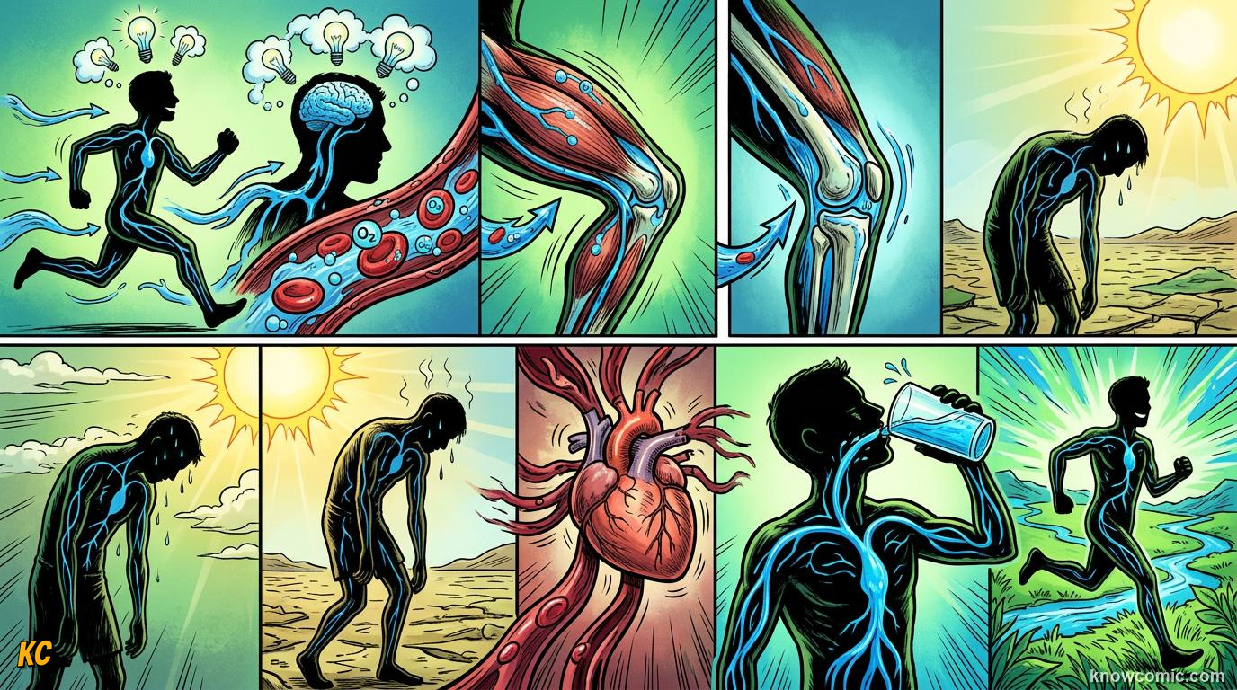Comic panel about hydration and sweat: Inside You, educational kids illustration