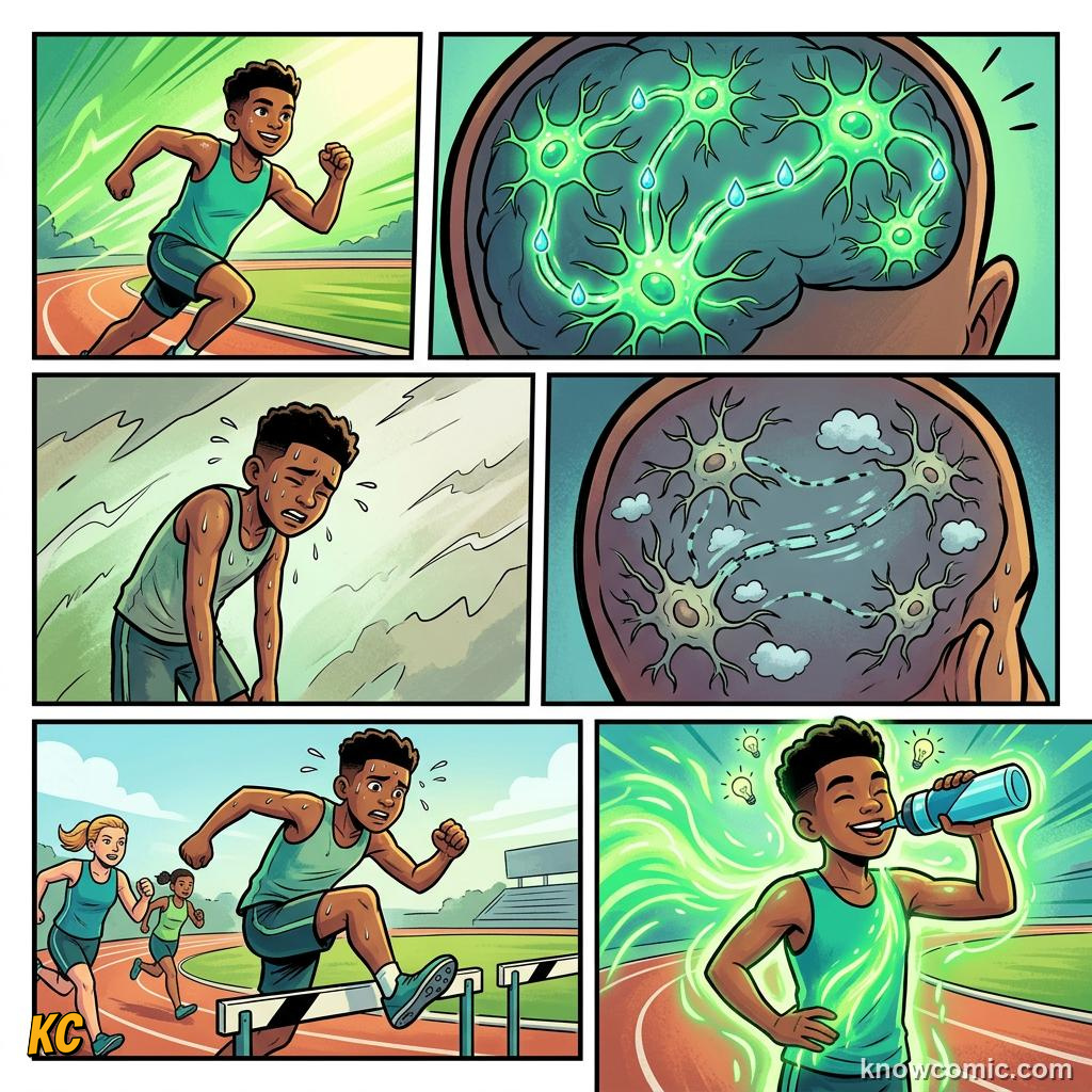 Comic panel about hydration and sweat: Think, educational kids illustration