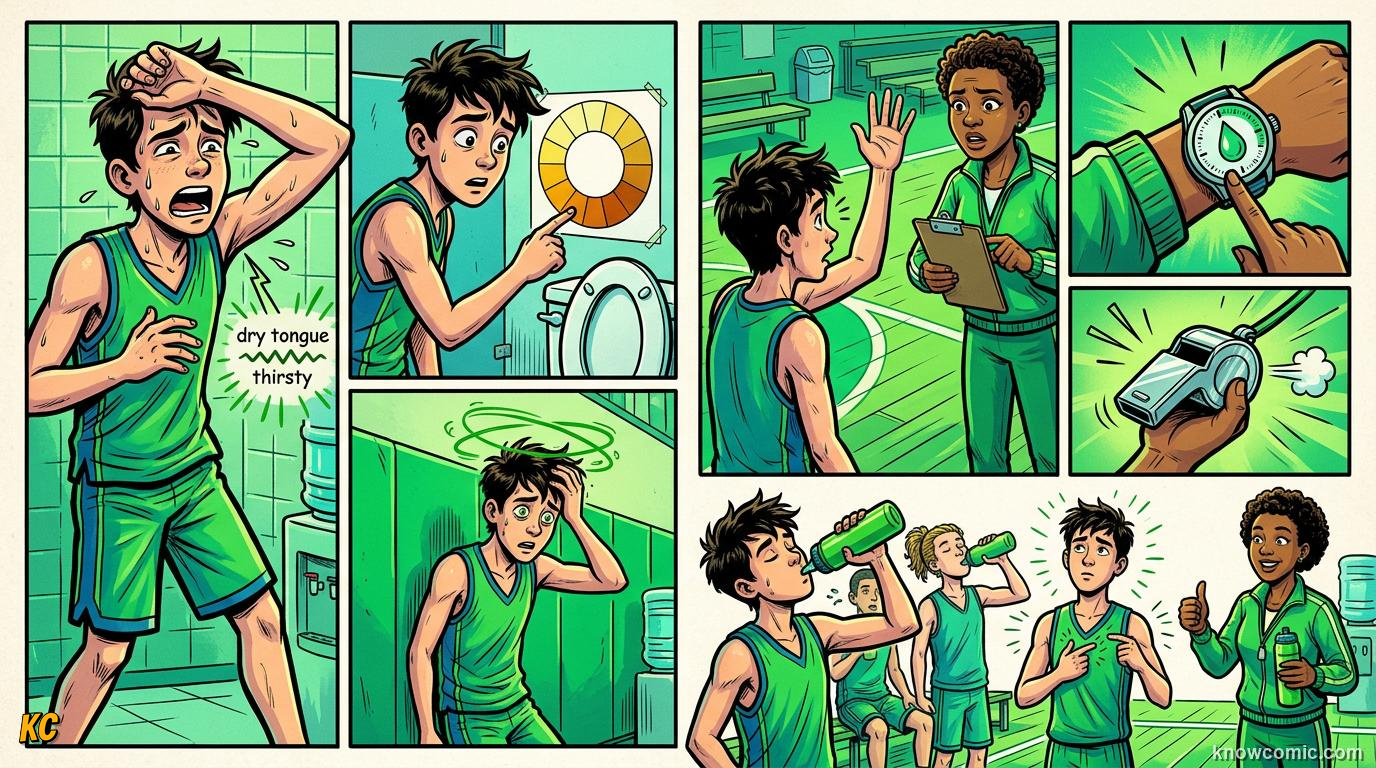 Comic panel about hydration and sweat: Thirsty Clues, educational kids illustration
