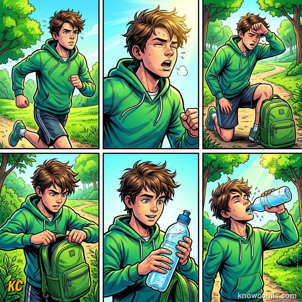 Comic panel about hydration and sweat: Dry Mouth, educational kids illustration