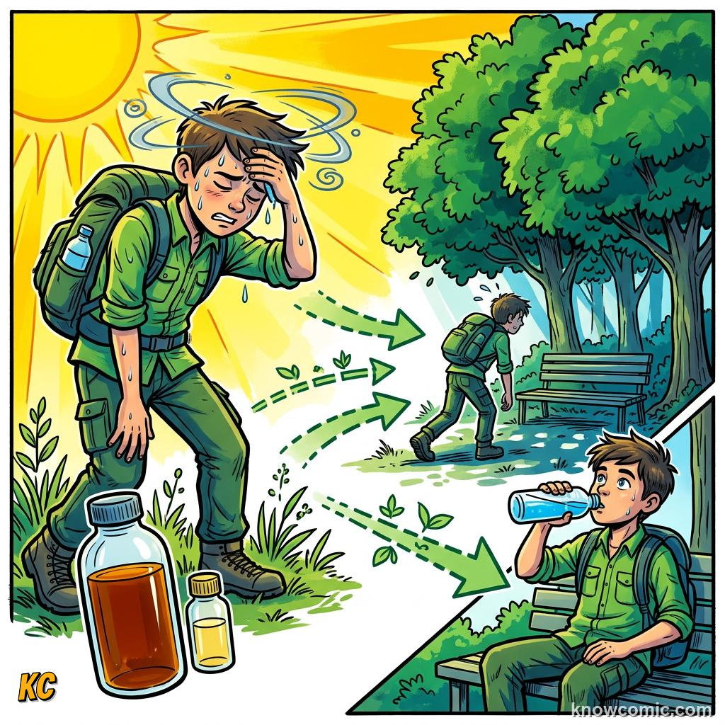 Comic panel about hydration and sweat: Check, educational kids illustration